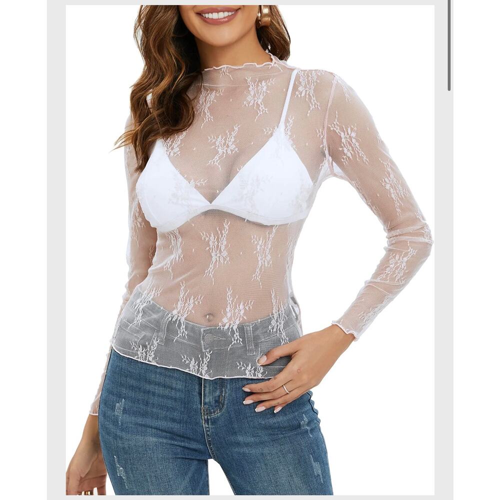 White sheer lace sexy party long sleeve top